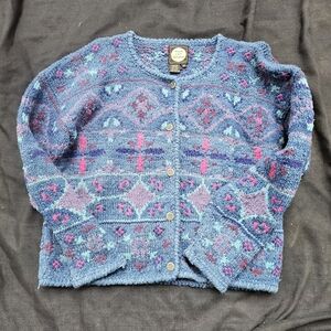 Cozy Blue and Purple Women's Cardigan Vintage Womens Size M Planet Earth Wool